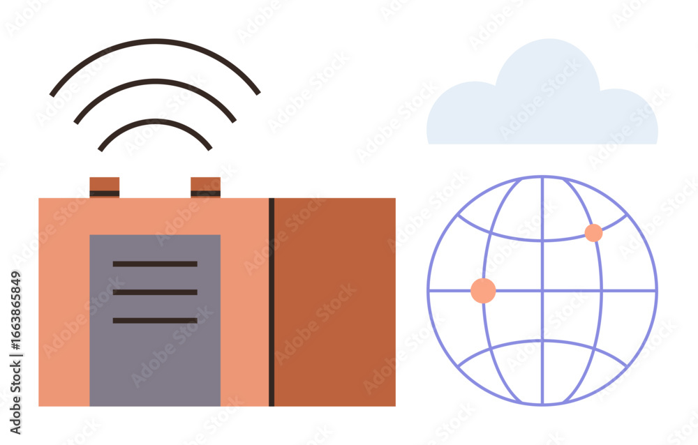 Poster router emitting signal waves, globe with connection nodes, cloud symbolizing digital connectivity. i