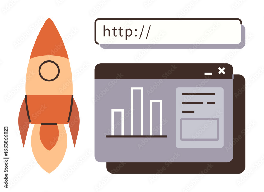 Poster rocket soaring alongside browser url bar and analytics dashboard, representing web optimization, sta
