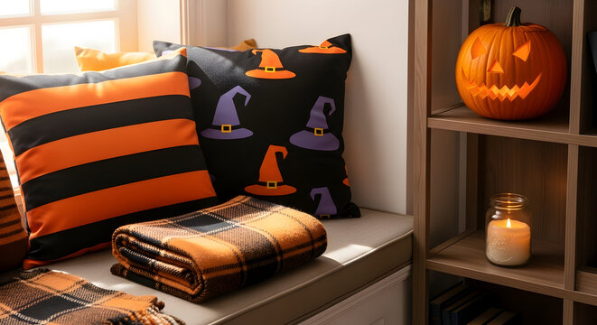 Halloween themed cozy window seat with orange striped pillow, witch hat pillow, folded plaid blanket, carved jack-o’-lantern and lit candle creating festive autumn atmosphere, cozy halloween interior 