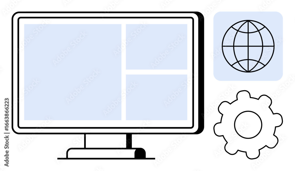 Poster computer monitor with grid layout, globe for global connectivity, and gear for configuration. ideal 