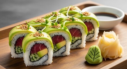 Authentic Japanese food dish, served in a sophisticated and appetizing way. Fresh sushi and sashimi combined with oriental rice, high-quality raw fish, salmon, tuna, and traditional garnishes, beautif