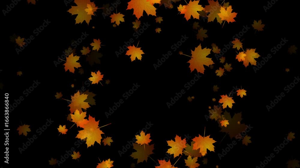 Poster bright orange autumn fall abstract circular background with maple leaves. seamless looping motion de