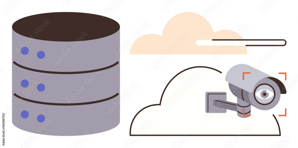 Poster stack of database servers connected to a security camera in a digital cloud. ideal for cybersecurity
