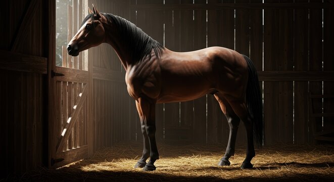 Muscular Brown Horse Standing in Rustic Wooden Stable with Sunlight Streaming Through Open Door, Farm Animal in Barn Interior
