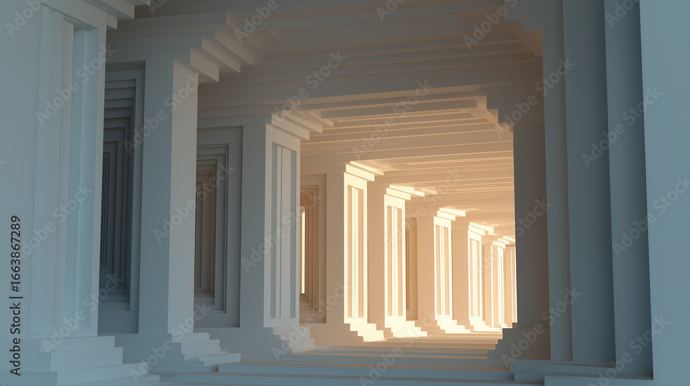 Poster exploring intricate geometric patterns in a serene, abstract corridor