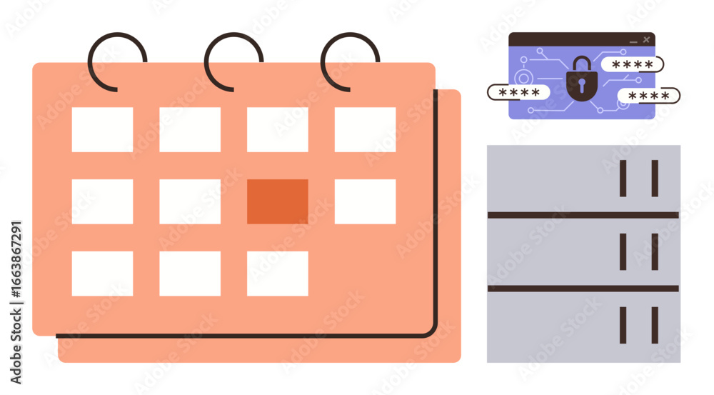 Poster calendar with a highlighted date, password fields with a shield icon, and server storage units. idea