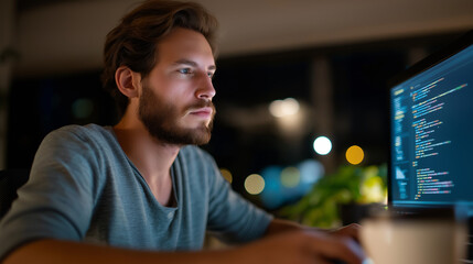 Young developer coding late at night in home office with coffee