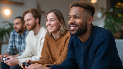 Obraz premium Diverse Group of Friends Enjoying Casual Puzzle Game Together
