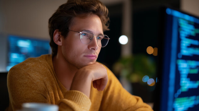 A young developer coding late at night in a home office