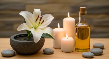 Serene Spa Still Life: Lily, Candles, and Essential Oils