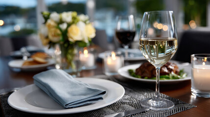 An elegantly set dining table featuring fine china, candles, floral arrangements, and gourmet dishes, creating a perfect atmosphere for celebration and enjoyment of fine cuisine.