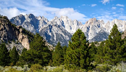 Obraz premium Majestic Sierra Nevada Mountains Under a Bright Blue Sky with Evergreen Trees.