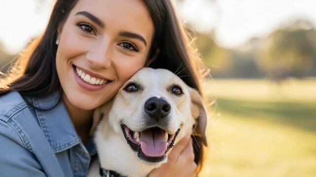 A woman smiling and hugging her dog in a sunny outdoor setting. Their joyful expressions capture the bond of friendship and love between humans and pets, perfect for celebrating International Smile Da