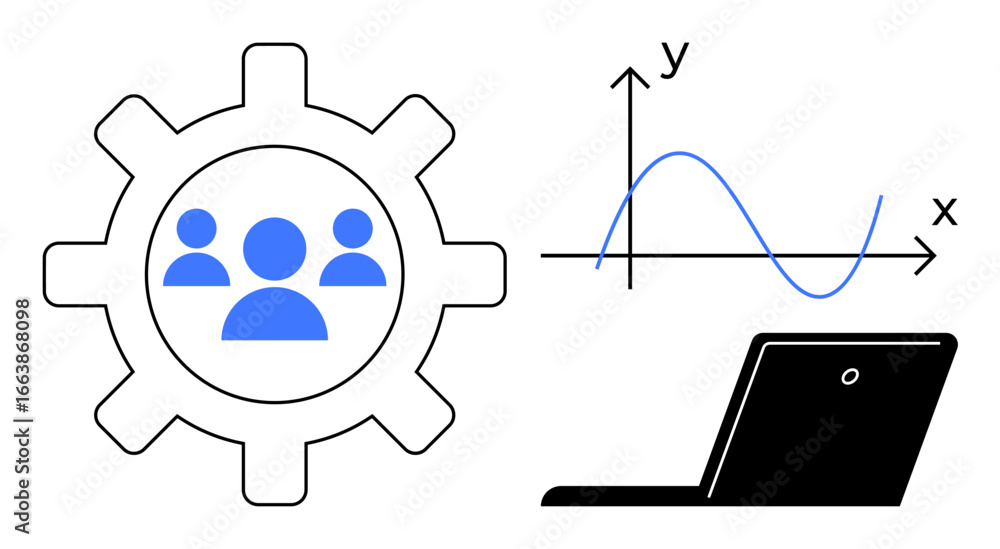 Poster gear with team icon, graph showing data trend, and laptop emphasizing teamwork, analytics, and tech 
