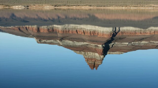 Fata Morgana mirage over a calm lake &mdash; inverted mountain reflection creates surreal optical illusion, photorealistic rare phenomenon of nature.