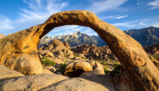 Magnificent Arch Formed by Natural Rock Formations against Scenic Mountains