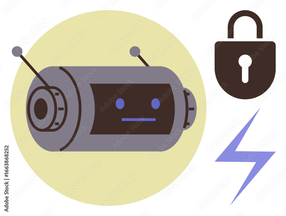 Aufkleber robot head design with antennas, lock icon, and lightning bolt symbol for energy. ideal for ai, robo