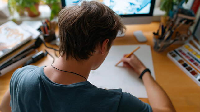 Young designer sketching character concepts at a creative workspace