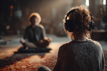 Curly-haired woman wearing headphones meditating indoors on a soft carpet, observing man in lotus position, warm ambient lighting, mindfulness practice in peaceful modern interior