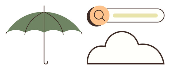 Green umbrella represents protection, search bar signifies curiosity, and cloud outline reflects nature. Ideal for weather, technology, curiosity, simplicity, digital tools, metaphor modern design