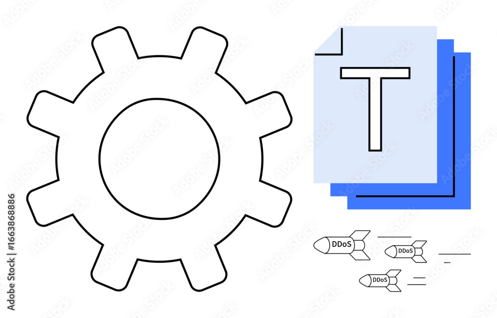Poster large gear, stacked documents symbolizing operation and data, ddos attack icons indicating cybersecu