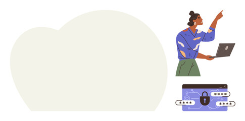 Woman using laptop, pointing at concept, password-protected digital cloud icon. Ideal for cybersecurity, cloud technology, data privacy, online protection, tech education, encryption secure storage