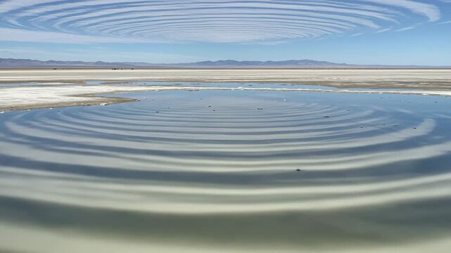 Fata Morgana mirage with concentric circles &mdash; surreal reflection between sky and ground creates optical illusion of another dimension, rare photorealistic phenomenon.