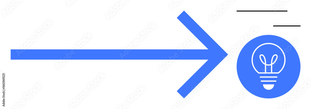Poster bold blue arrow pointing towards a light bulb icon with abstract lines for motion, representing prog