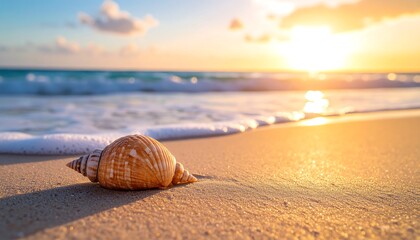 Seashell serenity at dawn: A golden sunrise illuminates a tranquil beach scene