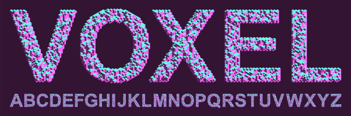 Futuristic voxel alphabet filled with isometric countless cubes for futuristic design. Bright voxel font with irregular geometric structure for posters games, modern branding, creative visual identity