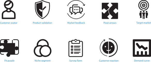 Set of business concept icons for product market fit strategy and growth vector.

