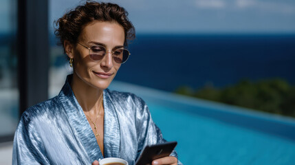 A serene woman sitting outdoors by a beautiful pool, using her smartphone while savoring a warm beverage, representing tranquility and leisure in a luxurious setting.