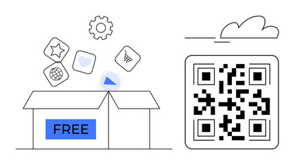 Open box labeled free releasing multimedia icons thumbs up gear, star, cart, and QR code nearby. Ideal for marketing, downloads, digital content, promotions, e-commerce innovation simplified