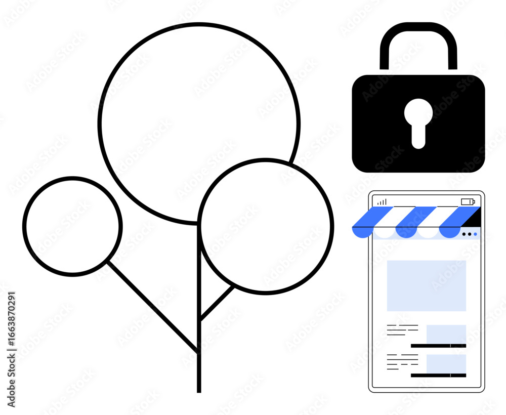 Poster abstract tree shape for networks, security padlock for data protection, digital storefront symbolizi