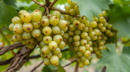 Green overripe shriveled grapes on grapevine