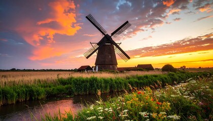 Iconic Dutch Windmill at Sunset with Vibrant Sky and Wildflowers.