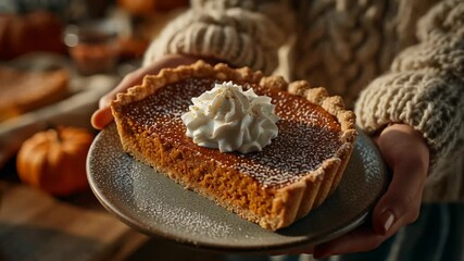 A person holds a slice of pumpkin pie topped with whipped cream on a plate. The background features warm, cozy autumn decor. - Powered by Adobe