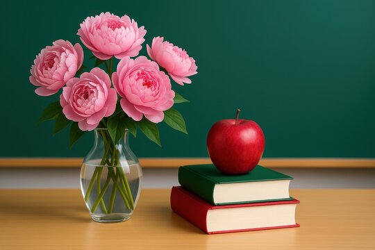 Teachers desk with pink peonies, stacked books and red apple on pristine chalkboard - Powered by Adobe