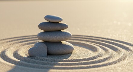 Serene Zen Cairn with Heart Stone on Sand Ripples in Warm Morning Light.