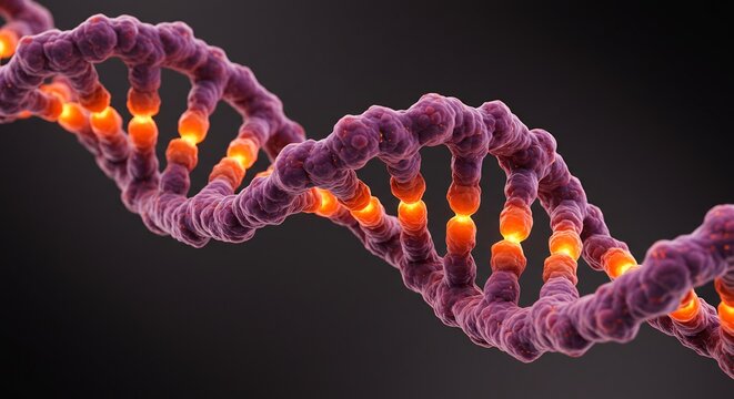 Intricate Purple DNA Double Helix Illuminated by a Fiery Orange Luminous Core.