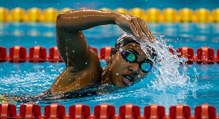 Determined Swimmer Executes Powerful Freestyle Stroke in Competitive Pool.