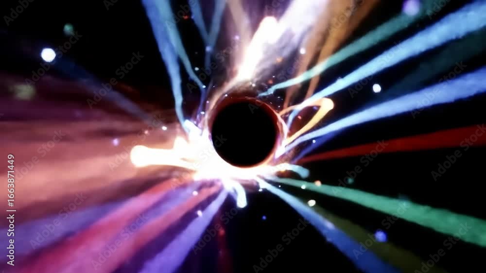 Poster abstract black hole with colorful light trails in space for science, physics and universe concepts.
