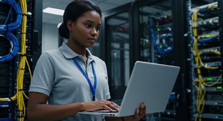 Focused Black Female IT Technician Diagnosing Network Servers with a Laptop in a Data Center.