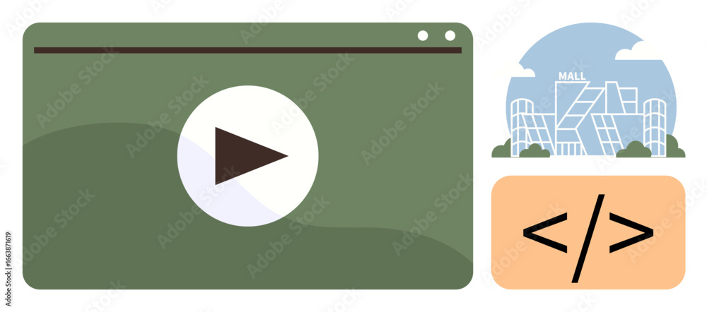 Poster play button on a green video interface, coding tag, and modern mall backdrop. ideal for learning, te