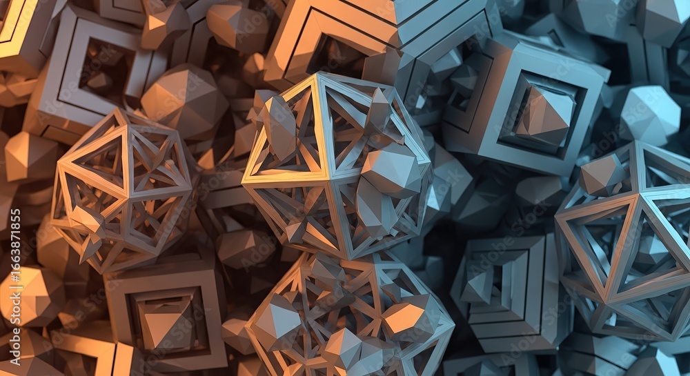 Fototapete abstract geometric pattern with complex 3d shapes and intricate structures, illuminated by contrasti