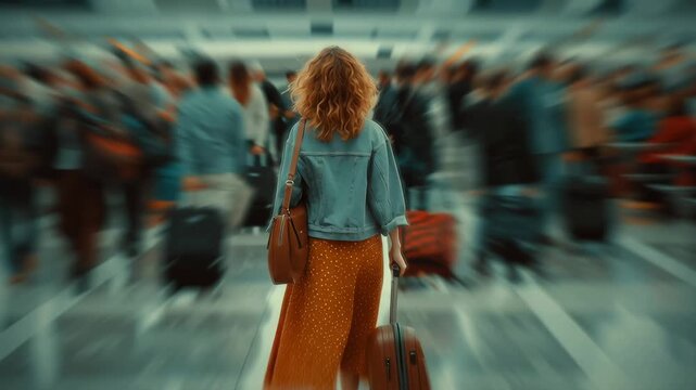 A long exposure timelapse captures a blurred scene of a busy airport terminal. A young Caucasian woman with curly hair stands still, holding a suitcase.