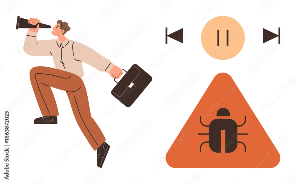 Poster man holding a megaphone and briefcase, running toward insect warning sign. multimedia buttons nearby