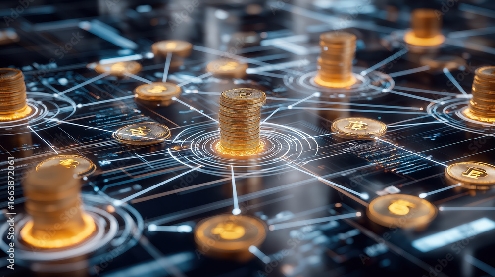 Poster digital currency network with stacks of coins and interconnected data points