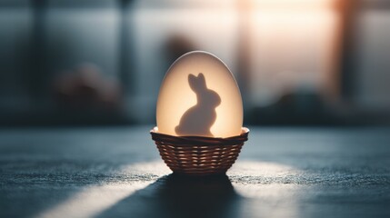 Glowing Easter egg with bunny shadow brightens up a blurred pastel basket in a serene spring atmosphere