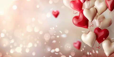 Heart balloons in vibrant crimson, soft blush, and elegant white for contemporary Valentine&rsquo;s Day event design with space for text and muted background